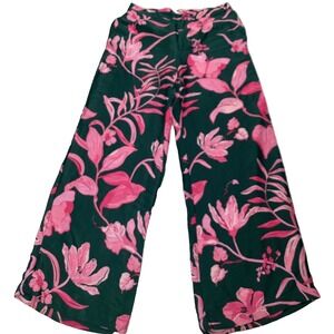 Anthropologie Pink Floral Wide Leg Pants Tropical Print Green Viscose US 2